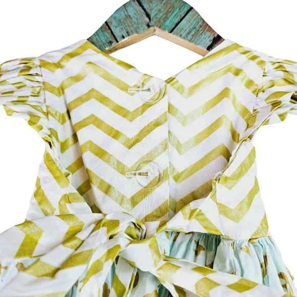 Little Mayz Handmade Dress Mix Match Pattern Gold Chevron with Dove Bottom, 2T